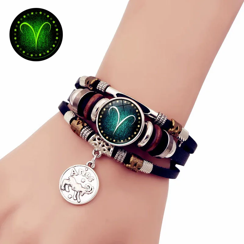 Starry Sky Zodiac Luminous Leather Bracelet Multi-layered Beaded Leather Men's Snap Closure Women Bracelet Friendship Bracelets