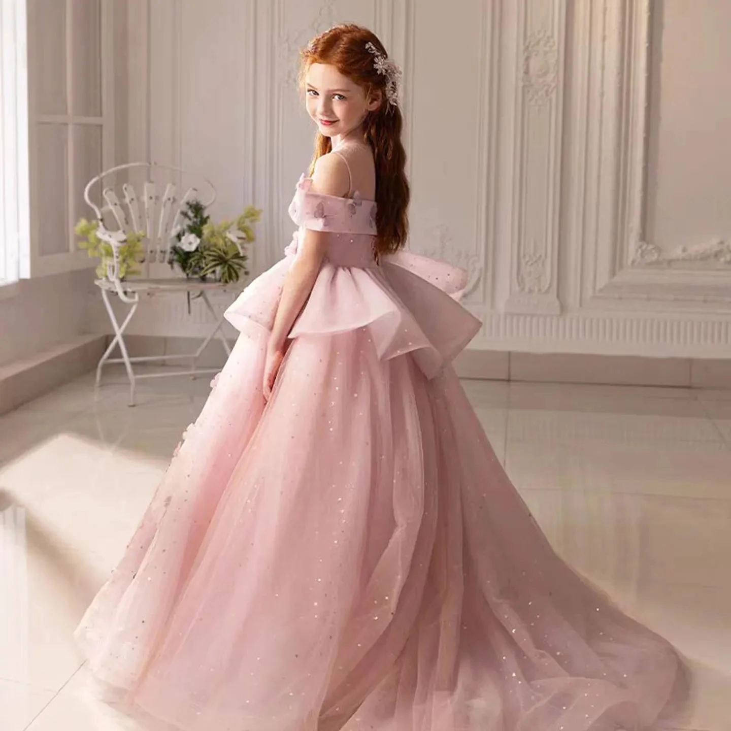 Customized Flower Girl Dress For Wedding Appliques Glitter Short Sleeve Floor Length Luxury Kids Birthday First Communion Gown