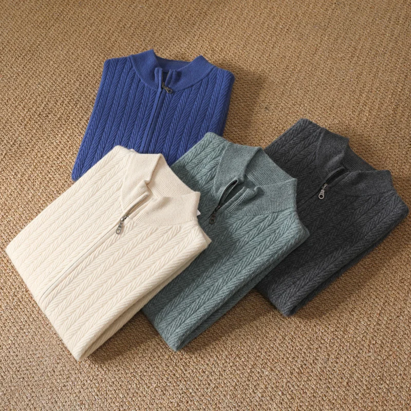 Men\'s New Autumn And Winter Top 100% Merino Wool Knit Sweater With Zipper Stand Up Collar And Wheat Grain Pattern Cardigan