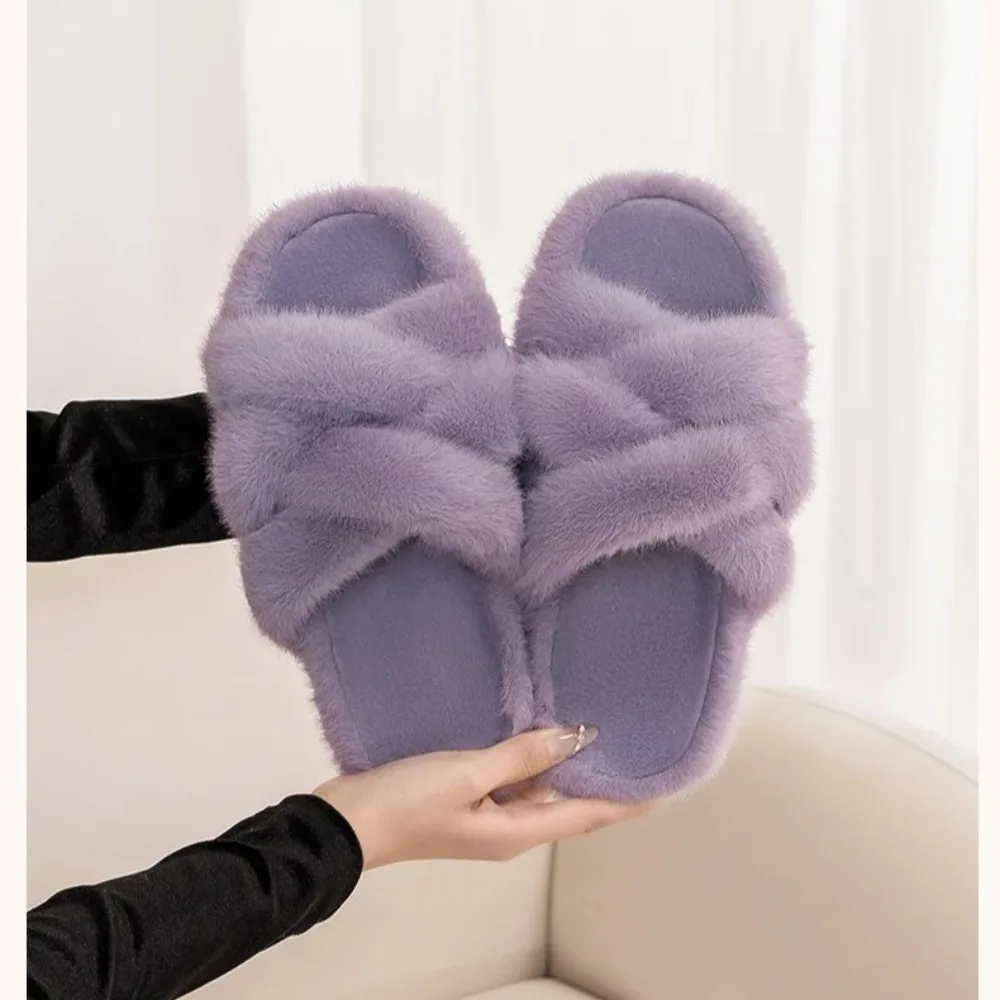 

Plush Cross-strapped Slippers Women's Autumn and Winter Home Indoor Plush Plush Shoes Outer Wear Cute Home Cotton Slippers