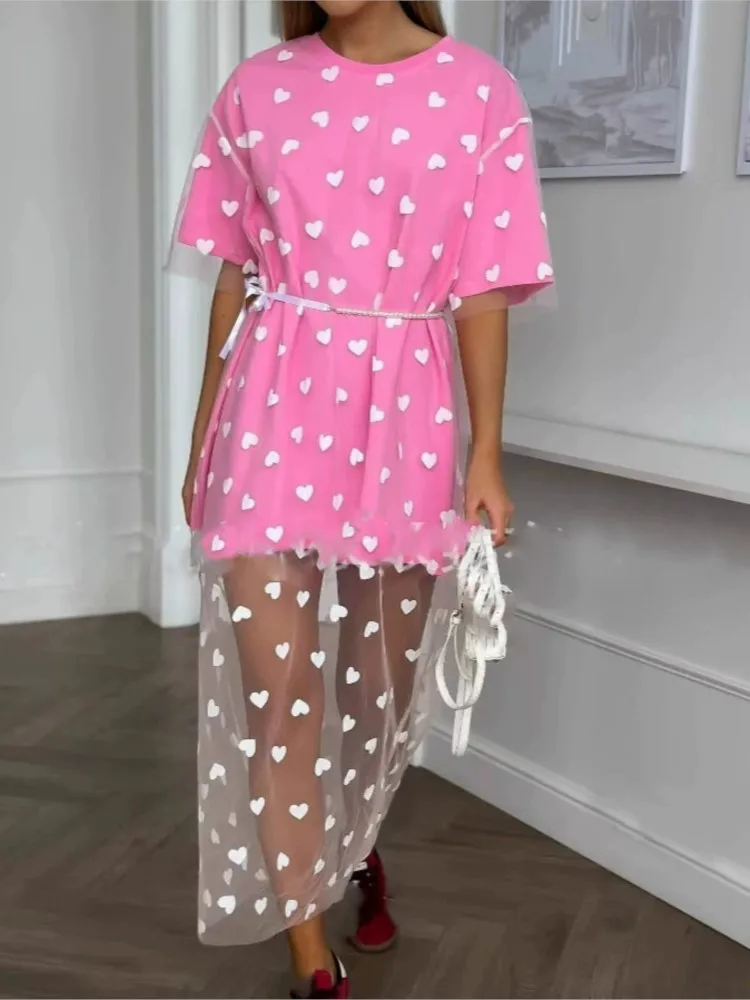 Abito in filato di maglia con stampa di moda Lady Casual O Collo Manica corta Pullover T-shirt ampia Abiti per le donne Abbigliamento da donna per le vacanze