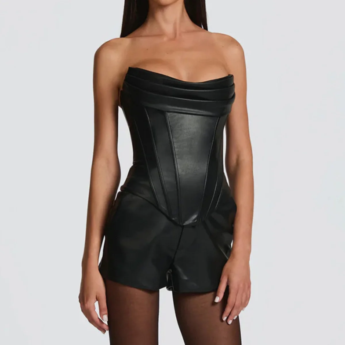 

Корсет из искусственной кожи для женщин, сексуальный однотонный плиссированный топ без бретелек с корсетными вставками, утягивающий, на шнуровке, летняя одежда в стиле Y2K, укороченный топ