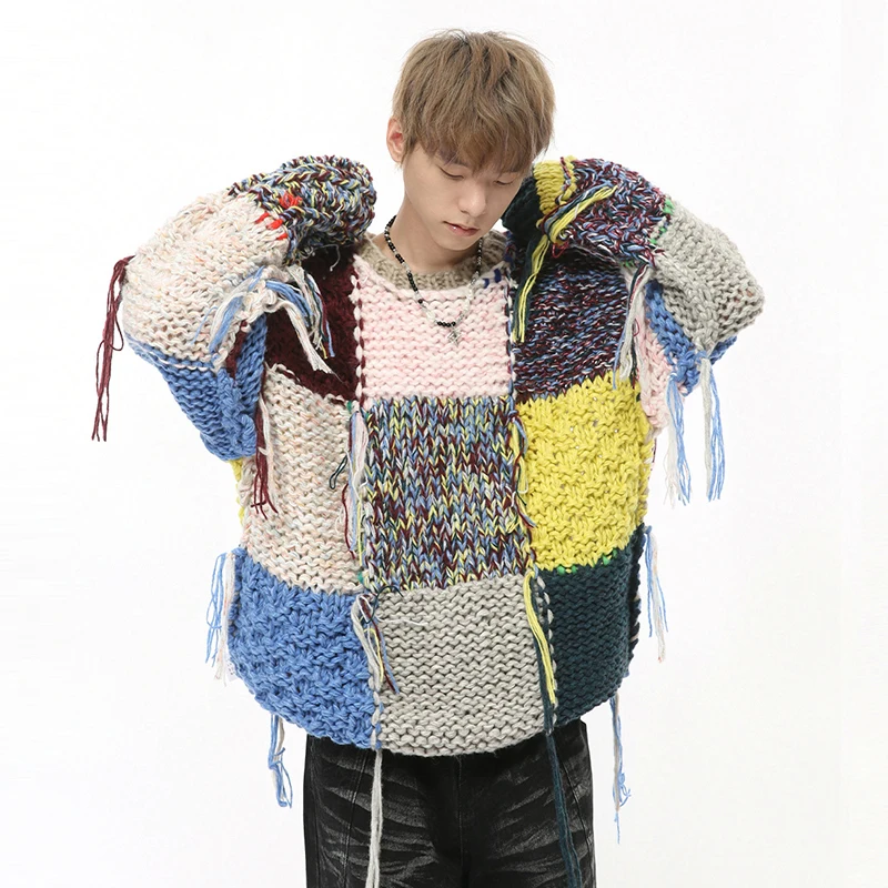 IEFB Fashion Men\'s Sweaters Round Collar Tassel Patchwork Knitting Top Contrast Color Male Pullover Clothing Korean Style 9C7873