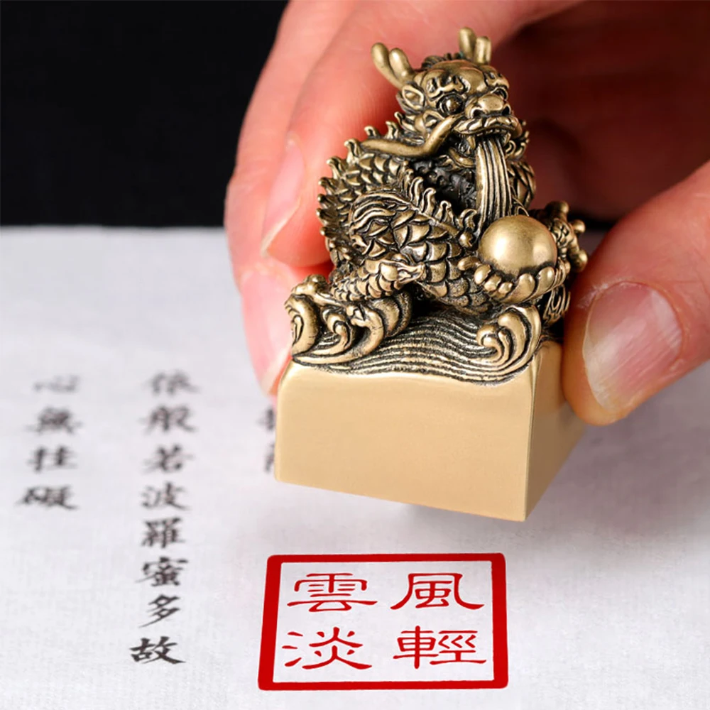 3cm Square Solid Copper Dragon Carved Chinese Name Stamp Customize Metak Seal Stamps with Red Inkpad Package Box Birthday Gifts