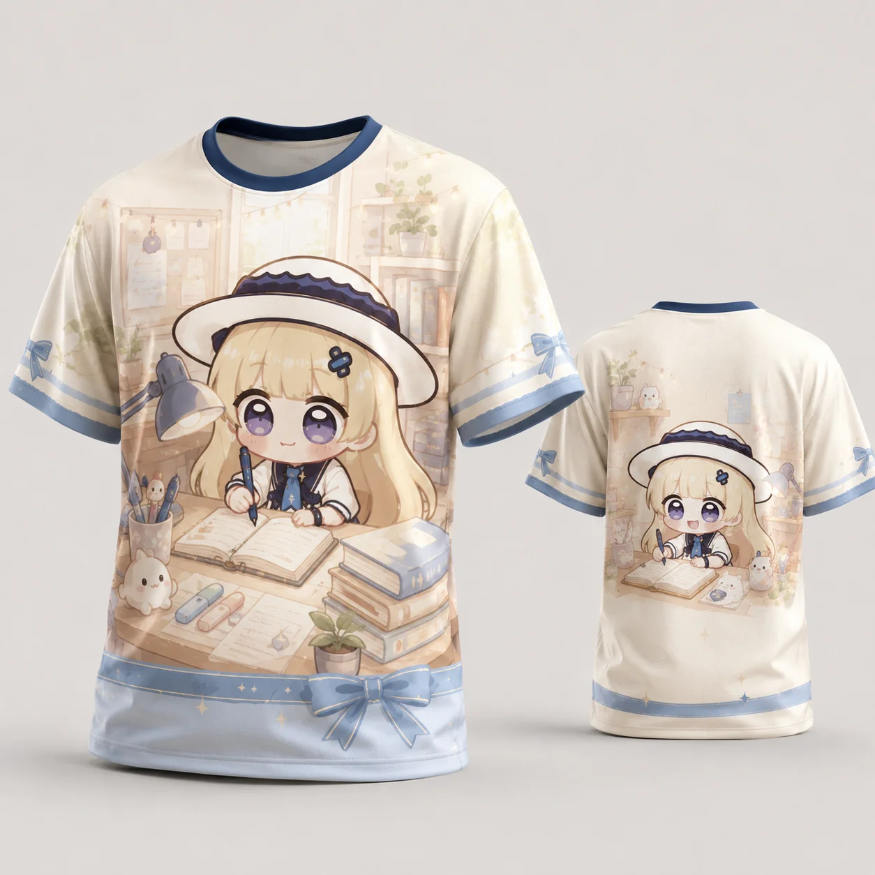 Phoebe Joubi Cute Chibi Anime Study Desk T Shirt Kawaii Girl Writing Notebook Bunny 3D Print Quick Dry Breathable Summer Top