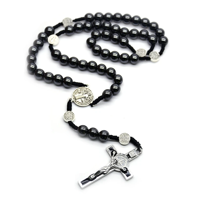 Kaovixdio Hematite Strand Woven Crucifix Pendant Necklace Saint Benedict Rosary For Men Women Religious Jewelry QX