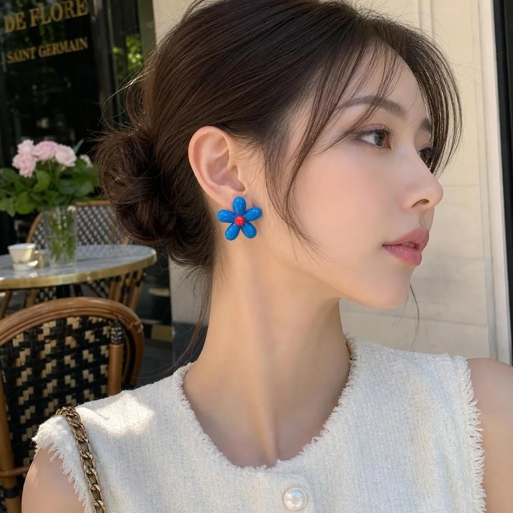 Asymmetry Design Flower Stud Earrings Bright Color Blue and Red Enamel Drip Glaze Earrings Lightweight Colorful