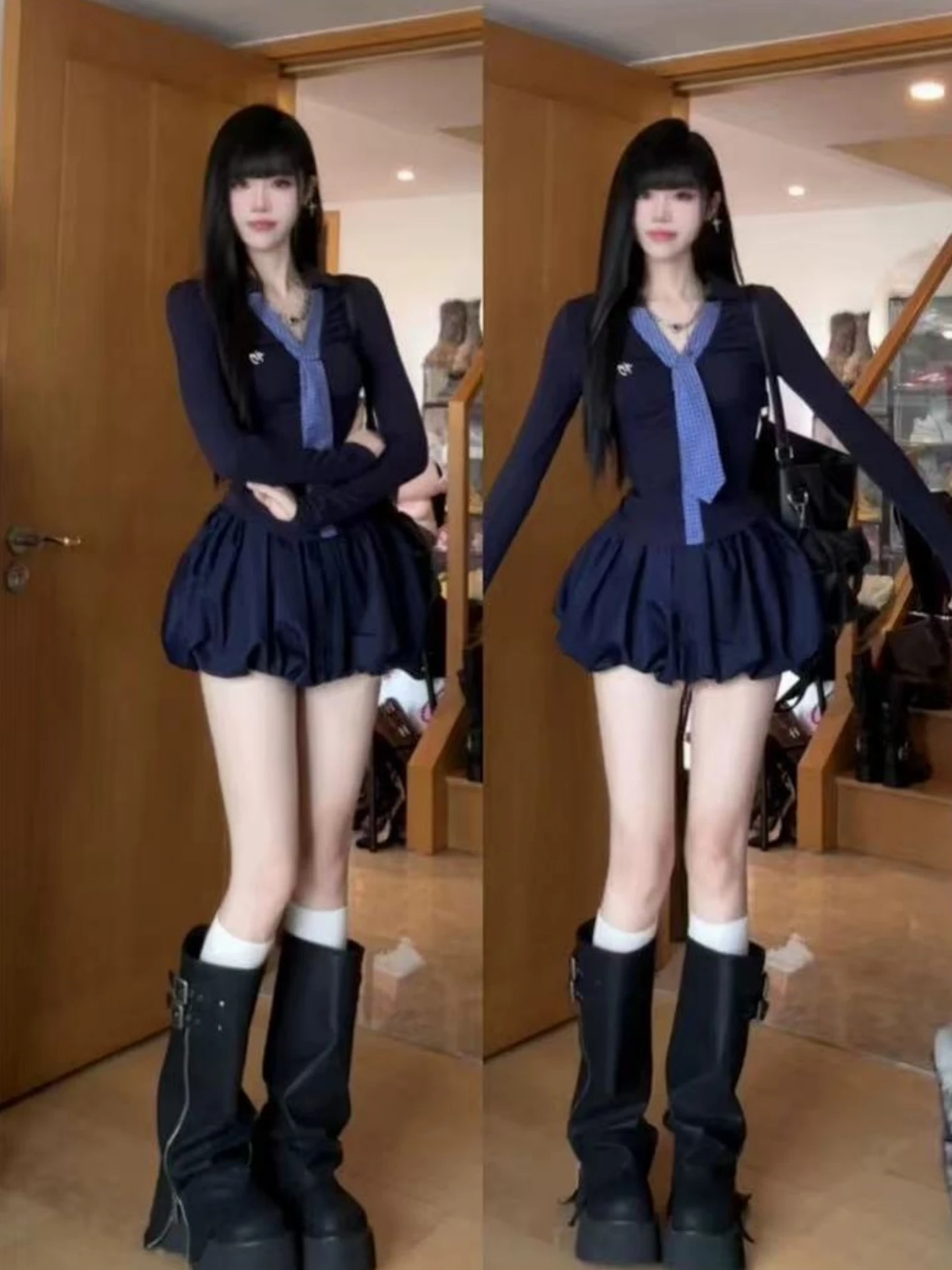 

Корейский женский комплект для ранней осени: топ в клетку с длинными рукавами и пышными рукавами, а также короткая юбка с завышенной талией и цветочным принтом для стройнящего эффекта.