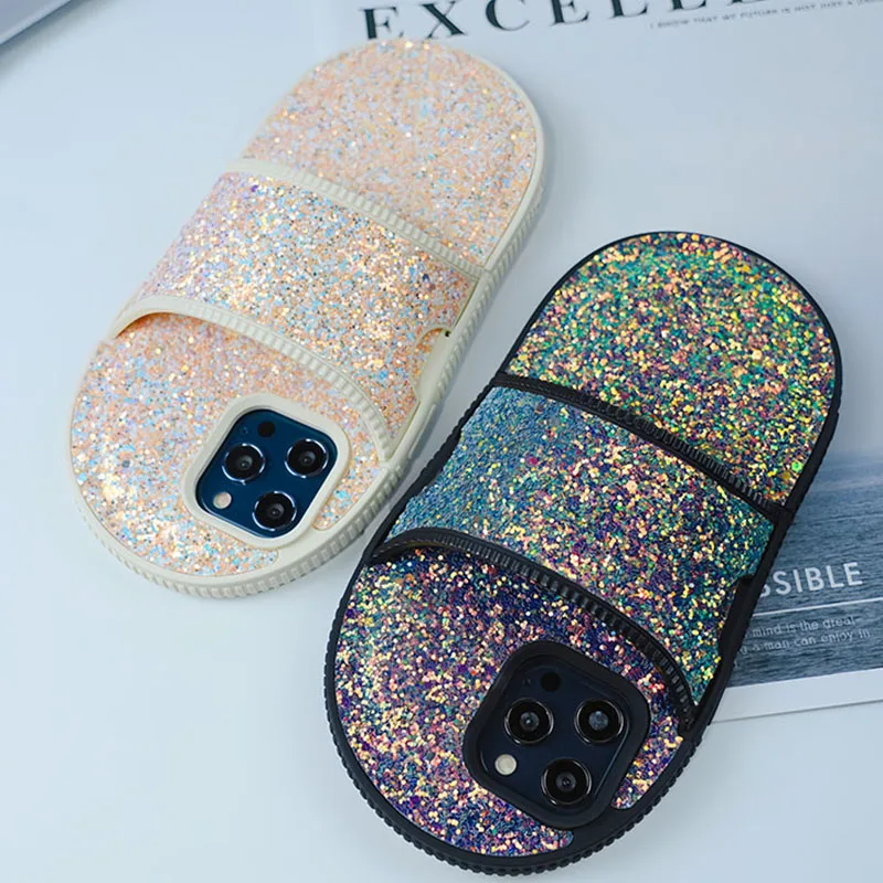 Funny Glitter Slippers Back Case For iPhone 15 Pro Max 14 13 12 Pro Bling Soft TPU Bracket Phone Cover For iPhone 14Pro Max Capa