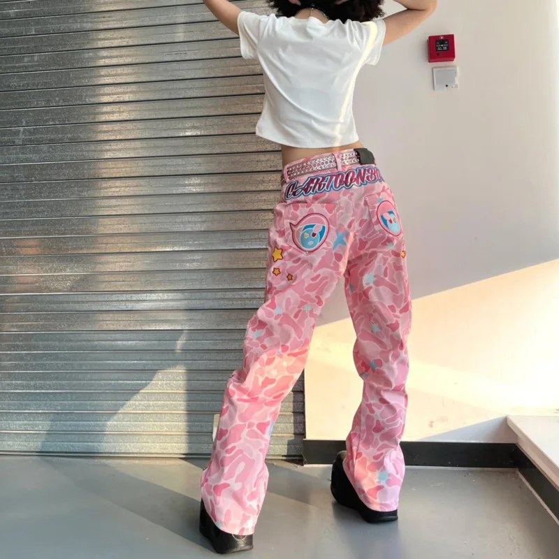 Y2k Anime Pink Camouflage Embroidered Straight Jeans Women's Design Cool Handsome Hip Hop Casual Pants New Trend Versatile Jeans