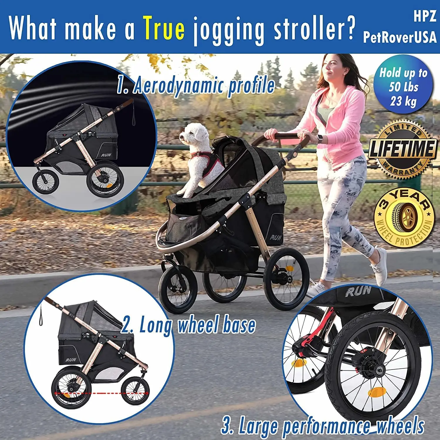 Pet Rover Run Performance Jogging Sportwagen Met Comfortabele Rubberen Wielen/Rits-Less Entry/1-Hand Snelle Vouw