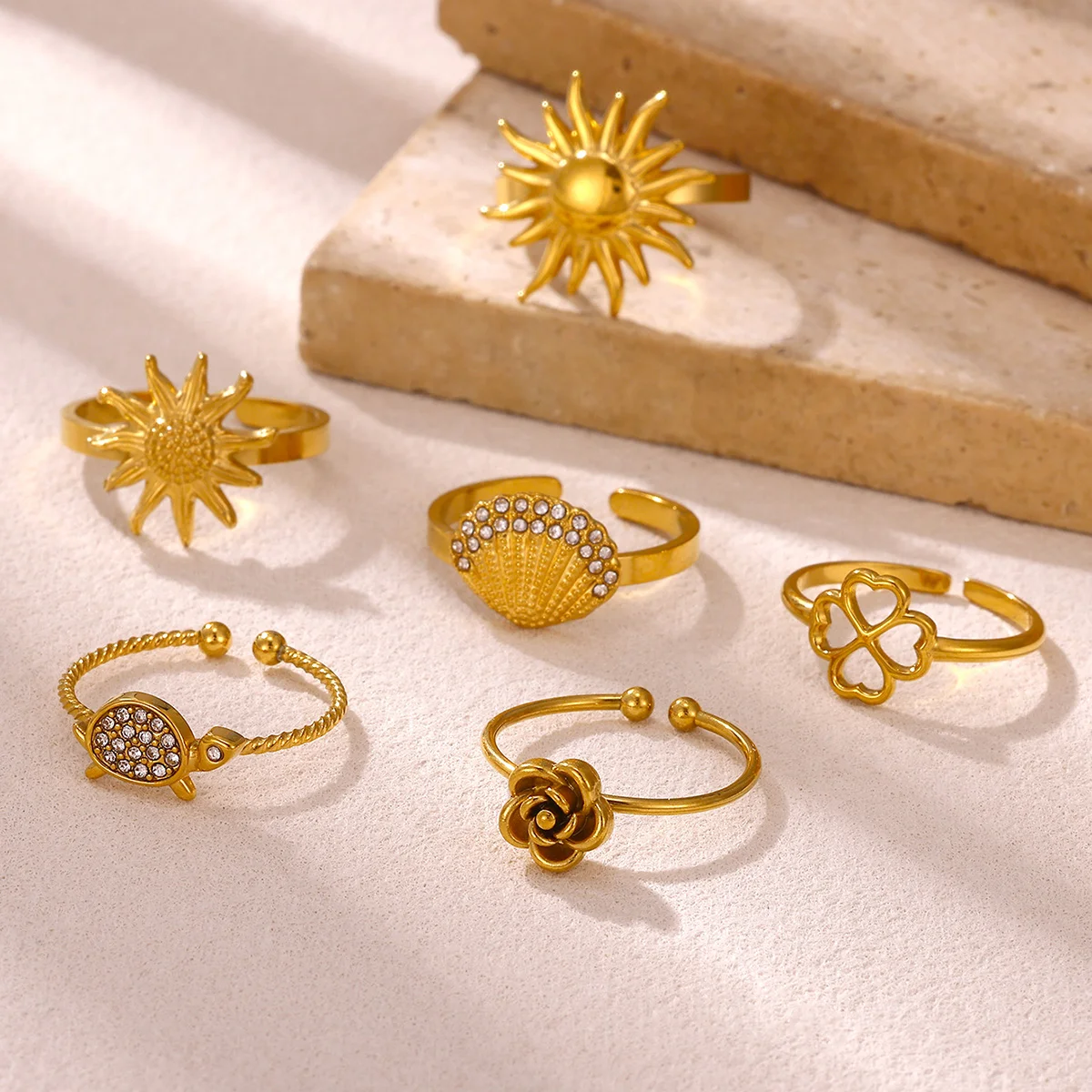 

Summer Waterproof Gold Color Rose Ring For Women Romantic Sun Daisy Flower Anillos Stainless Steel Rings Party Elegant Gifts