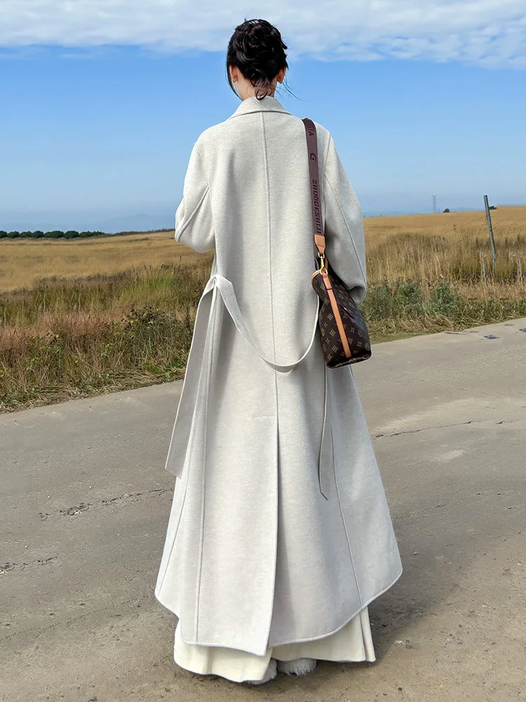 New Women Elegant Daily Wool Blends Coat Autumn Winter Fashion Turn-down Collar Loose Waist Double-Faced Wool Coat Casual Coat
