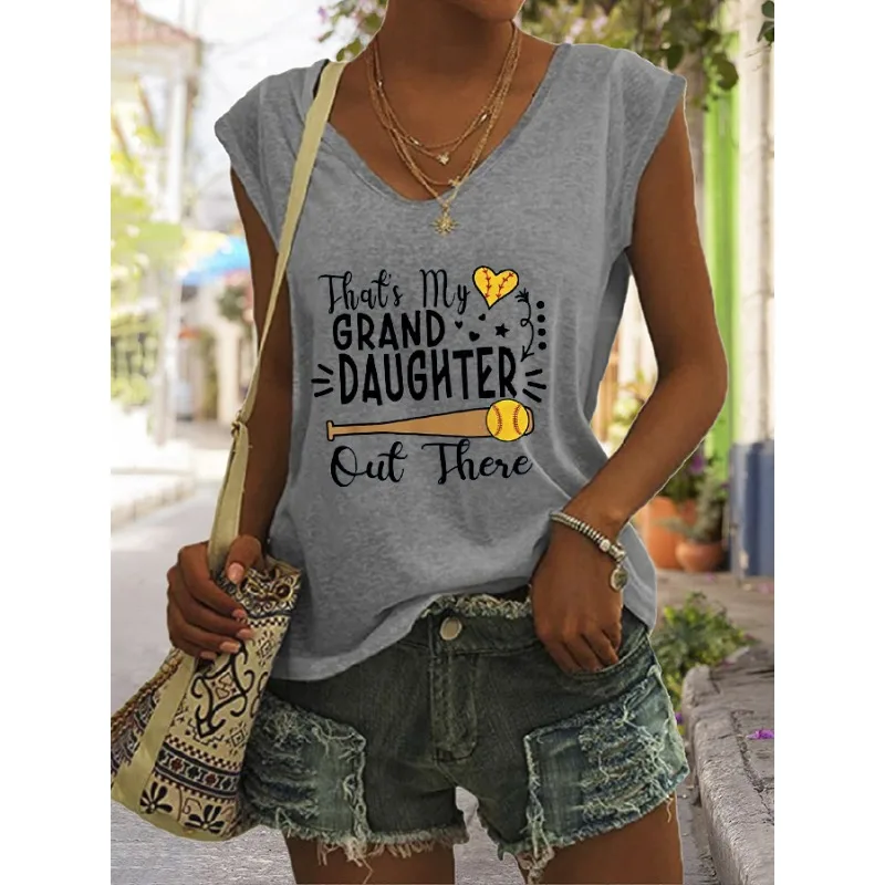 Chic Women's V Neck Vest Baseball Print T Shirt Summer Short Sleeve Casual Tops  Tees