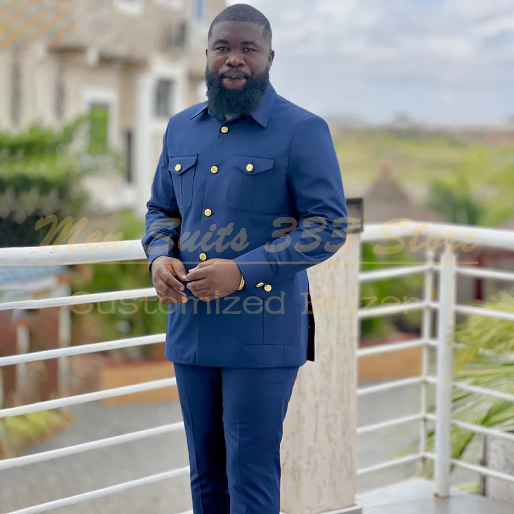 

Мужские синие костюмы на заказ 2026: Модный однобортный деловой комплект из 2 предметов (пиджак и брюки) с отложным воротником, крой Safari, стандартный крой