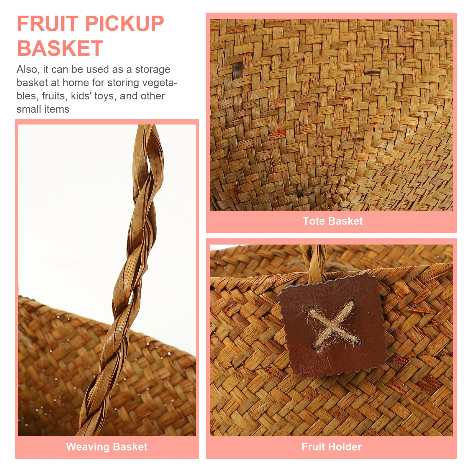 Cesta de Picnic tejida de paja hecha a mano, cesta de almacenamiento grande portátil con doble asas para frutas y verduras, para acampar al aire libre