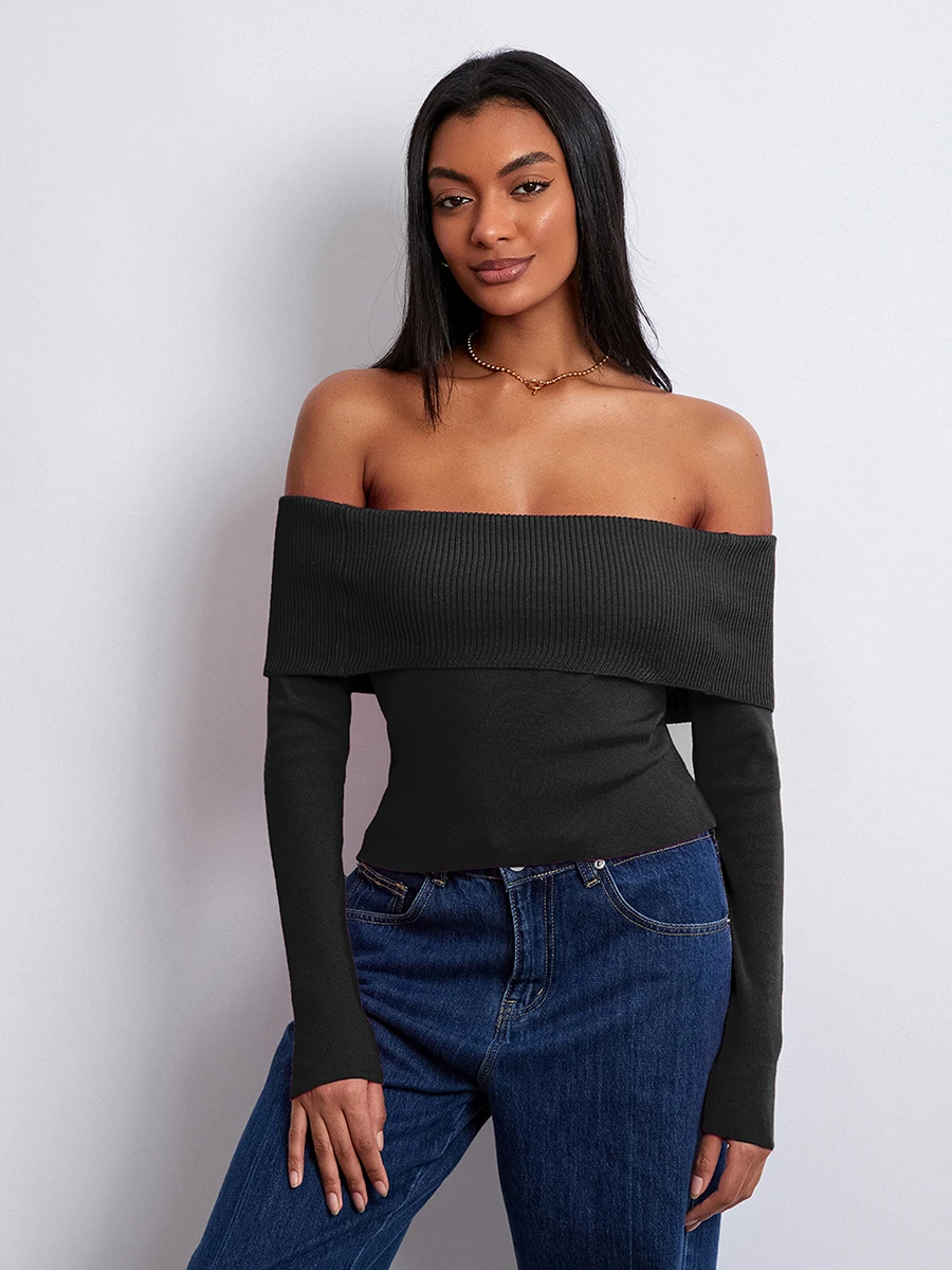 Women Off Shoulder Fold Over Long Sleeve Sweater Pullover Tops Casual Sexy Knit Slim Crop Tee Shirts Ribbed Blouse Tops