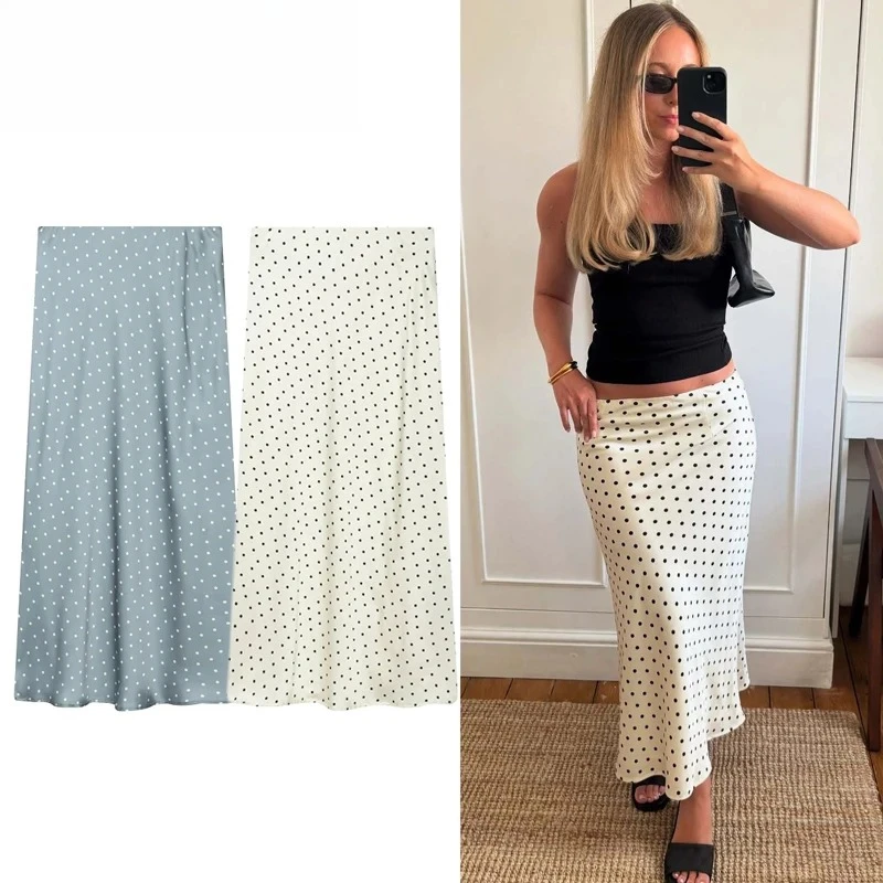 

ZHIO Polka Dot Long Skirts for Women Satin Layered Midi Skirt Woman Summer Pleated Skirt Women High Waist Pencil Women's Skirts