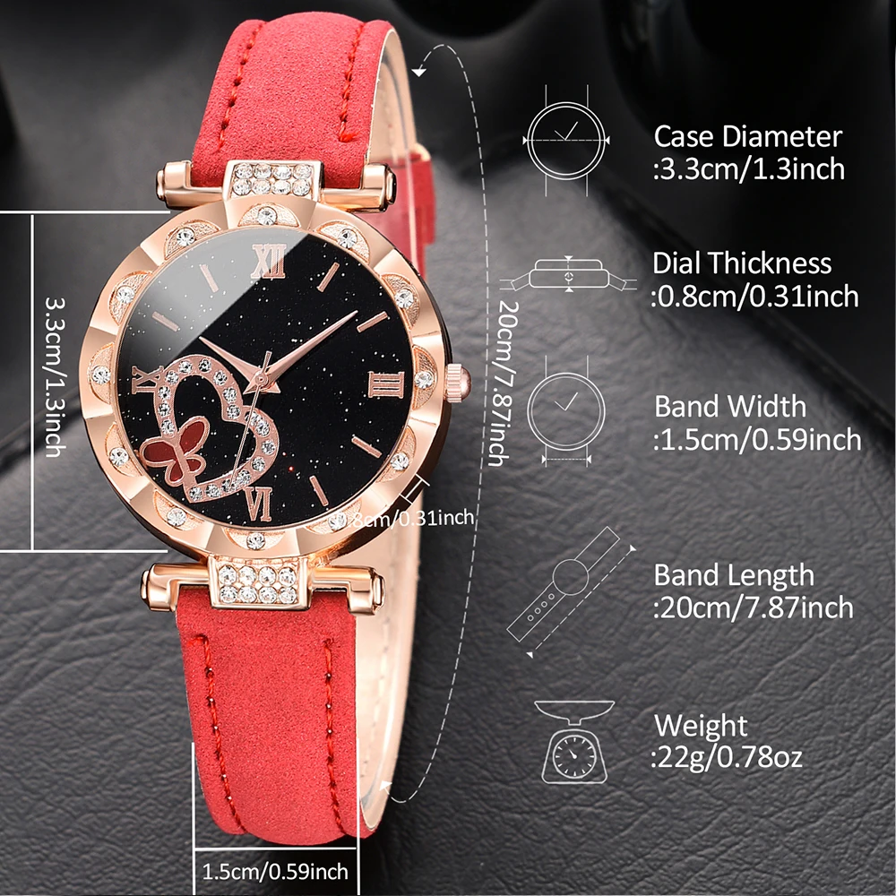 Red Ladies Quartz Watch 6PCS/Set Butterfly Heart Element Wristwatch PU Leather Strap Women Watch Jewelry Set Gift For Mom