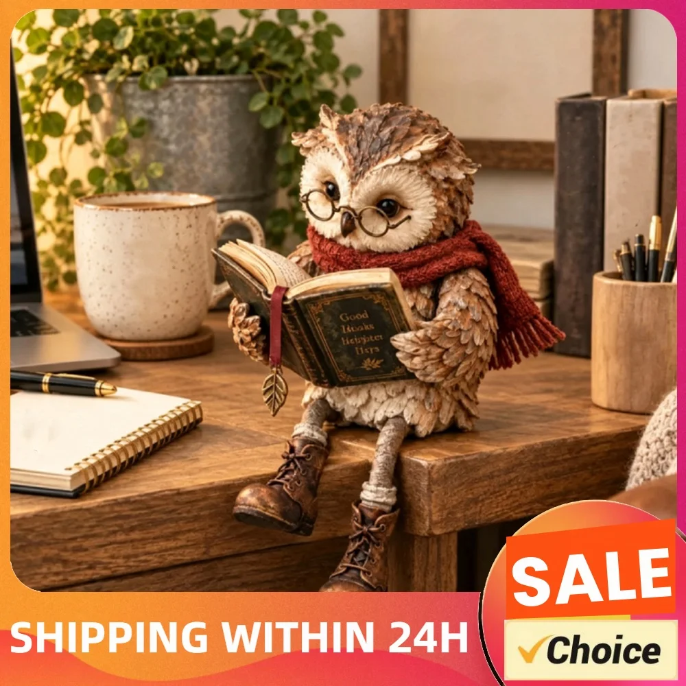 Vintage Owl Reading Statue Resin Scarf Glasses Boots Forest Style Shelf Sitter Decor