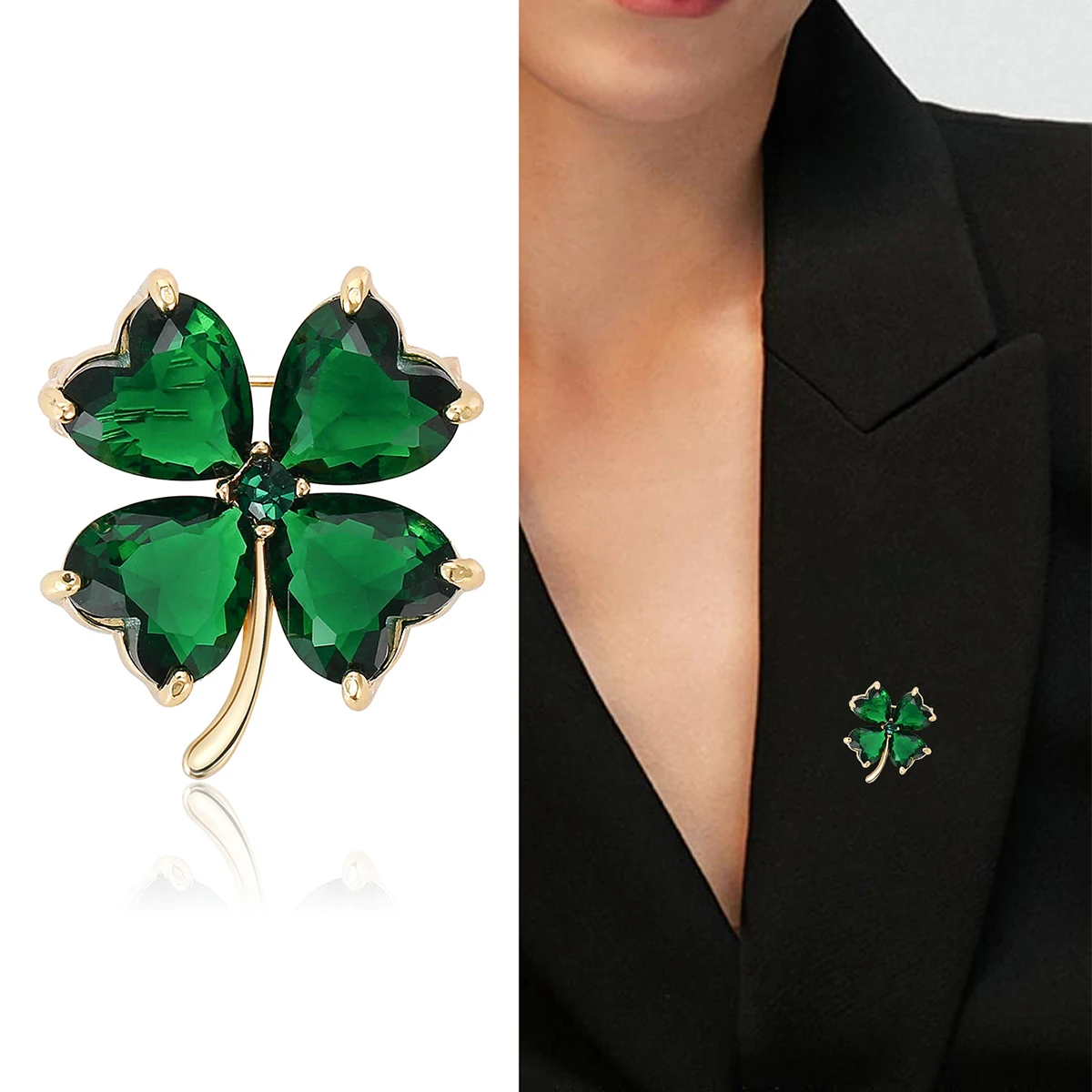 Rhinestone Shamrock Four Leaf Clover Brooches for Women Unisex Glass Plant Pins Banquet Party Backpack Gifts Jewelry Accessories