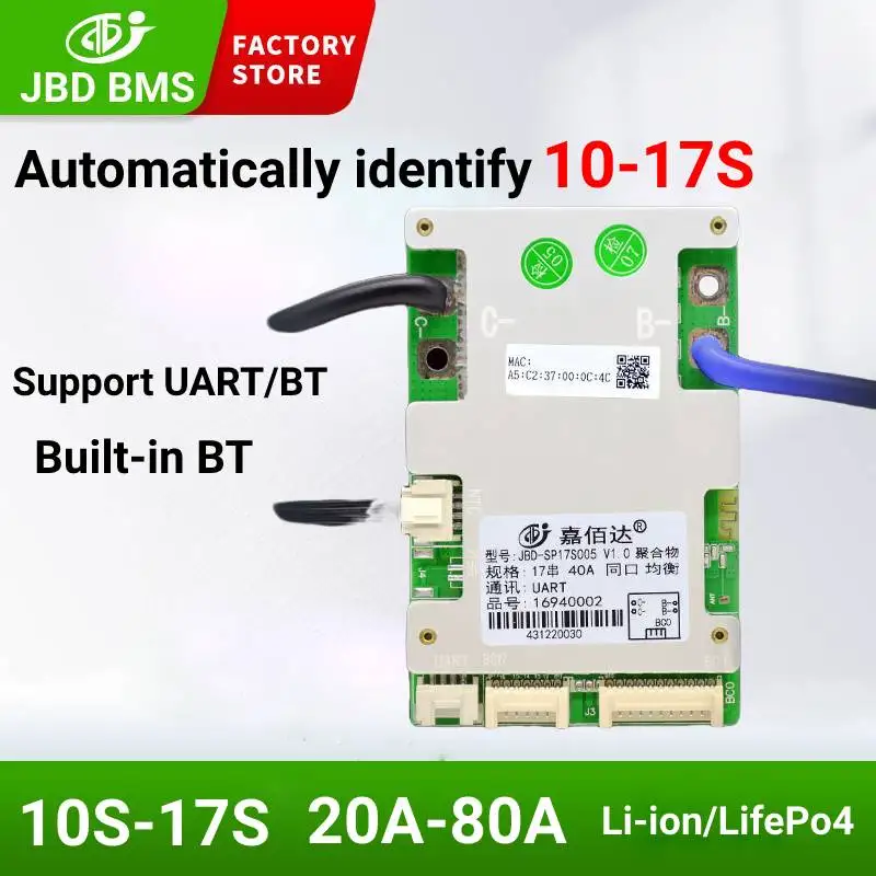JBD 10S 12S 13S 14S 16S 17S الذكية BMS 20A 40A 50A 60A 80A ل LifePo4 36V 48V بطارية ليثيوم Bms لوح حماية المدمج في BT