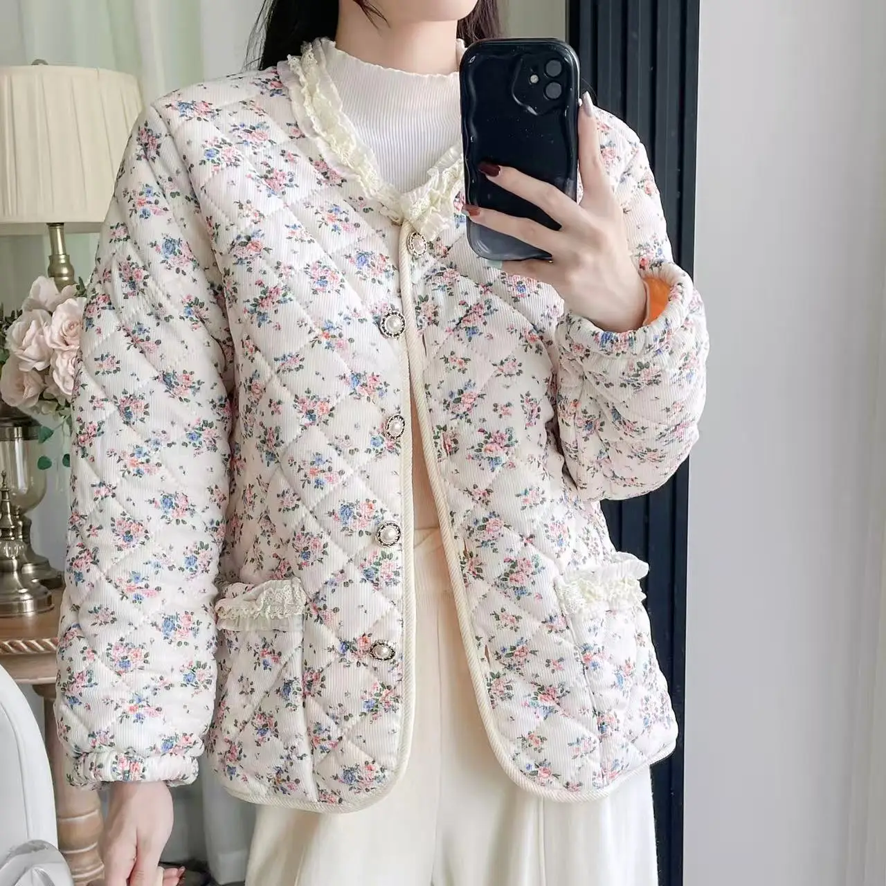 2026 Spring Autumn Fleece Coat Women Lace Floral Tang Suit Jacket Warm Clothes Female Elegant Sweet Printed Cotton Jacket