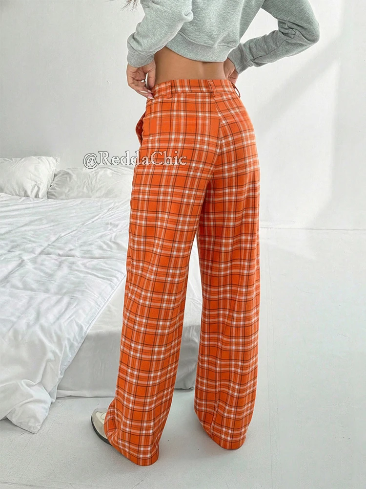 REDDACHiC Pantaloni scozzesi alla moda a gamba larga Pantaloni da ufficio vintage pieghettati sul davanti Tasche a vita alta Pantaloni svasati Salotto Abbigliamento donna