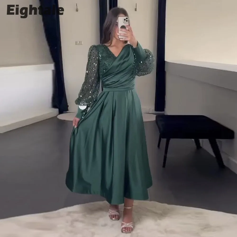 

Eightale Short Evening Dress for Wedding Party Satin Long Sleeves A-Line V-Neck Arabic Dark Green Prom Vestidos De Gala 2023