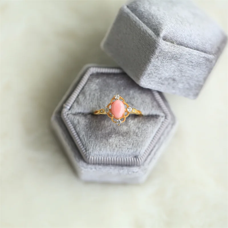 925 Sterling Silver Pink Queen Conch Shell Ring Japanese Vintage Jewelry for Women