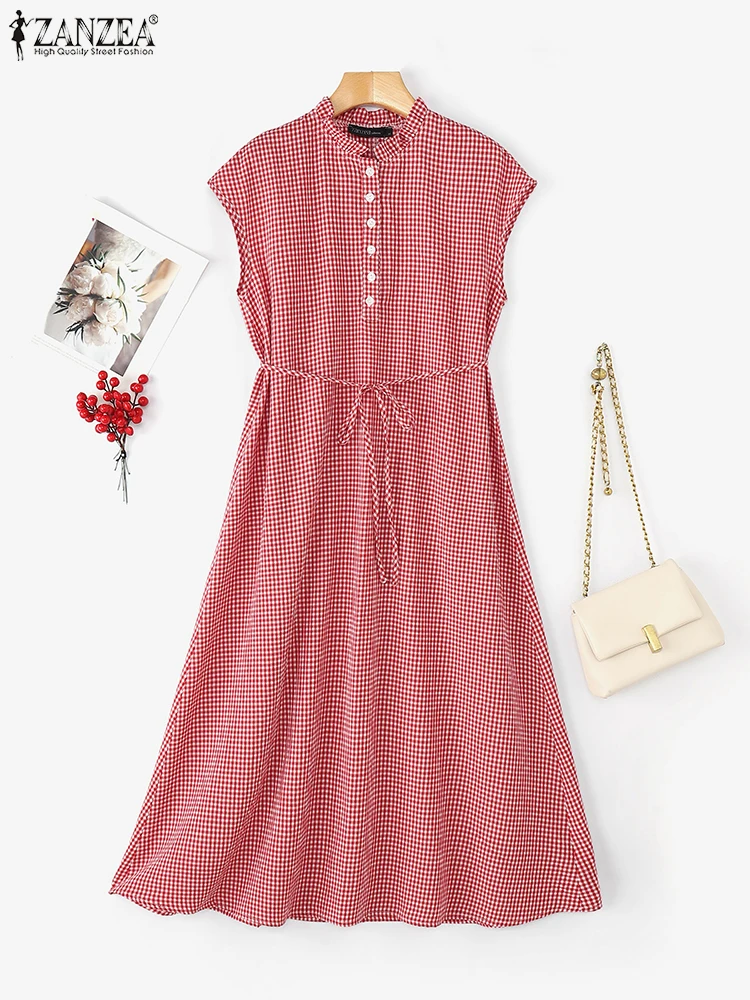 ZANZEA Summer Sleeveless Plaid Checked Dress Elegant Women Midi Dresses Work Sundress Casual Holiday Robe O Neck Loose Vestidos