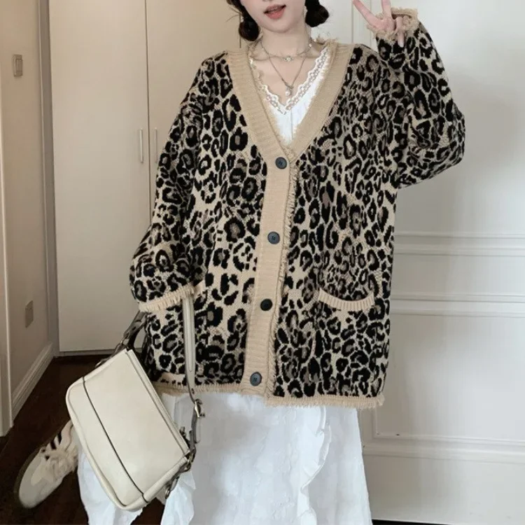 Gagaok V-neck Single Breasted Leopard Print Sweater Cardigan Jacket Women Autumn Korean Fashion Clothing Long Sleeved Top