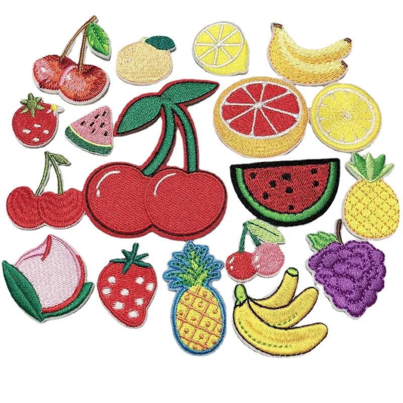 100pcs/Lot Fun Embroidery Patch Fruit Cherry Lemon Watermelon Peach Pineapple Banana Grape Cherry Strawberry Clothing Decoration