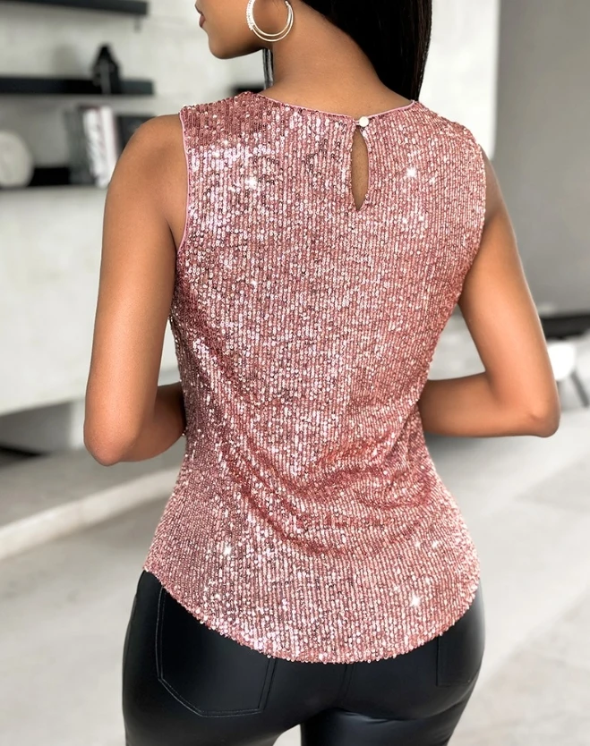 New Fashion 2024 Casual Sexy Allover Sequin Round Neck Tank Top T-Shirt Pullover Tops Female Clothing Outfits