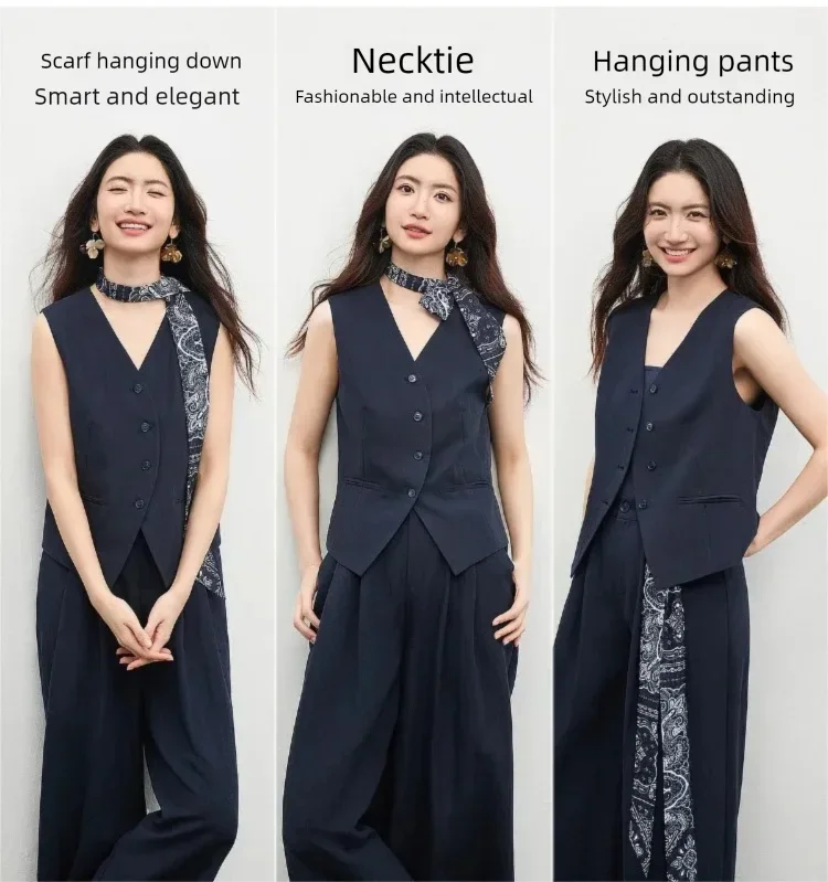 SENTUBILA Office 2 Piece Pant Set 2026 Women Linen Blend Summer Suit V Neck Waistcoat Wide Leg Baggy Pant Print Scarf 162ZA5663Z