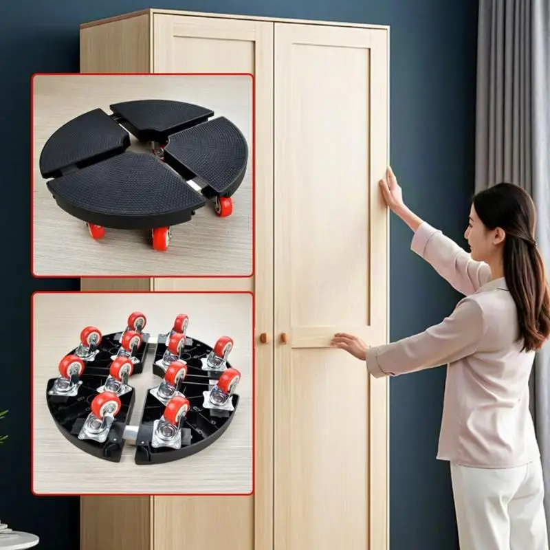 Rundes bewegliches Möbelsockel-Set mit vier fächerförmigen Rollstützen, Griffstruktur und roten Rollen für den Einsatz D2RD – Detail 5