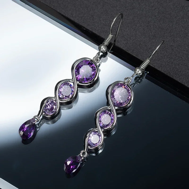 Luxury Twisted Spiral Column Long Drop Earrings For Women Purple Zirconia Copper Elegant Wedding Jewelry Female Ear Accessories