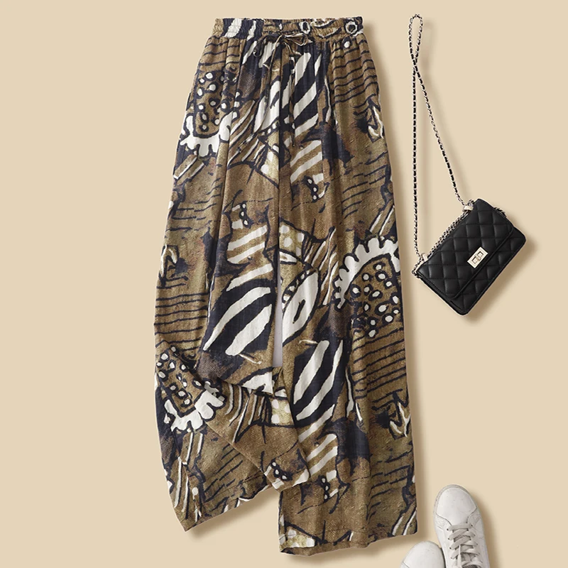 Loose Cotton Linen Half Skirt Women's Elastic Waist Straight Leg Pants Spring Summer Casual Print Slimming Versatile Trousers