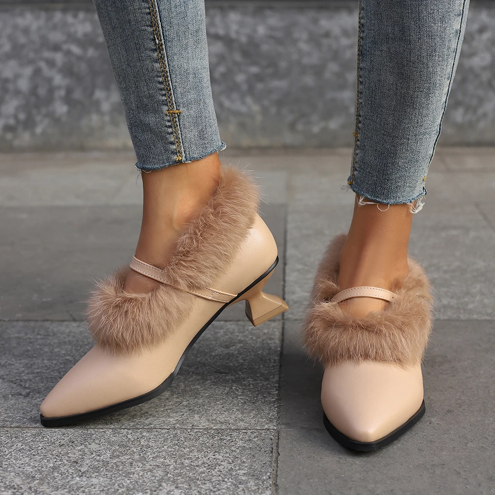 Luxury Fur Plush Pointed Toe Heels Woman Elegant Furry Word Strap Pumps Ladies Evening Party High Heel Dress Shoes Spot goods