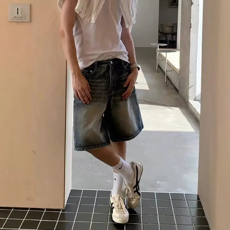 

Американские ретро-джинсы прямого кроя, длина до колена, женские летние, новые, с высокой талией, свободные, тонкие, широкие, модные брюки