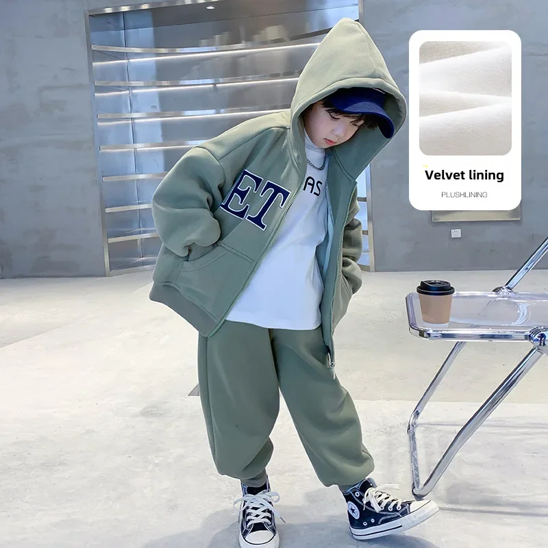 Trendy Brand Boys Fleece-lined Thickened Winter Hooded Suit Loose-fit Children's Clothes Two-piece Set New Arrival 2026