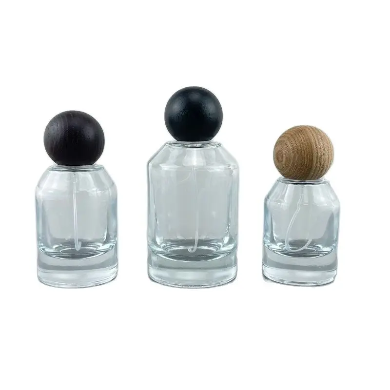 Round Ball Wood Cover Empty Glass Bottles 50ml Transparent Think Bottom Fragrance Mist Spray Crimpless Perfume Refillable Bottle