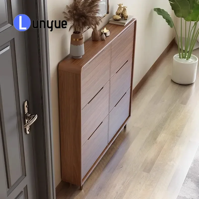 Ultra Thin Tipping Bucket Shoe Cabinet Solid Wood Frame Modern Simple Narrow Wall Mounted Storage for Entrance Porch Foyer