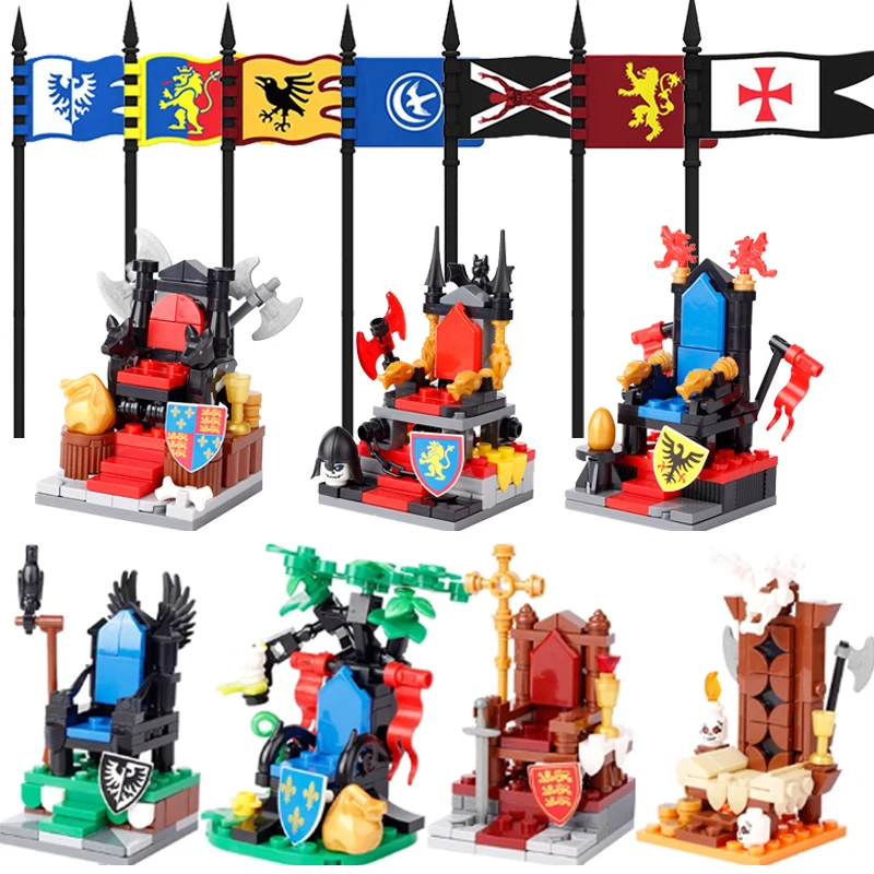 

Medieval Military King Throne Building Blocks Castle Army Royal Knights Soldier Weapons Flags Black Falcons Shield Bricks Toys