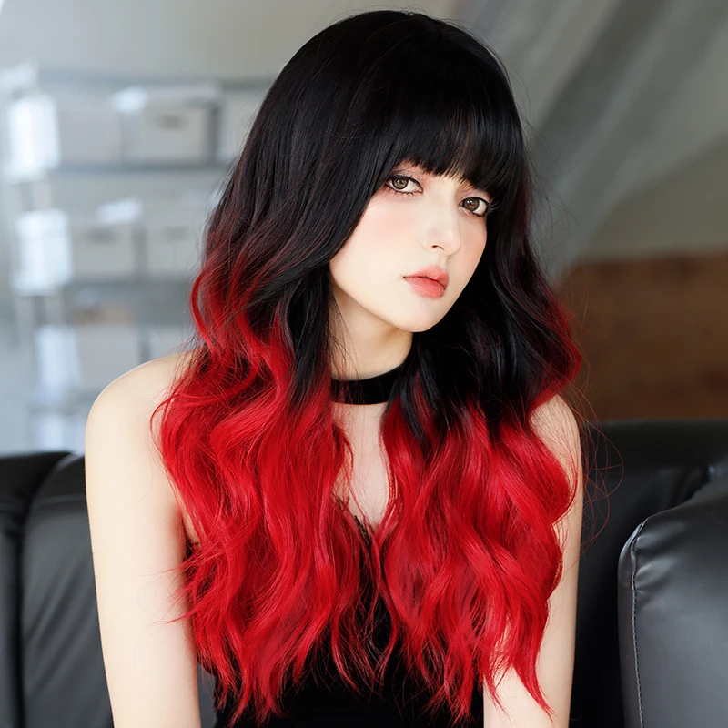 NAMM Long Wavy Ombre Black Wig for Women Daily Party Natural Synthetic Red Hair Wig with Fluffy Bangs Heat Resistant 25inch