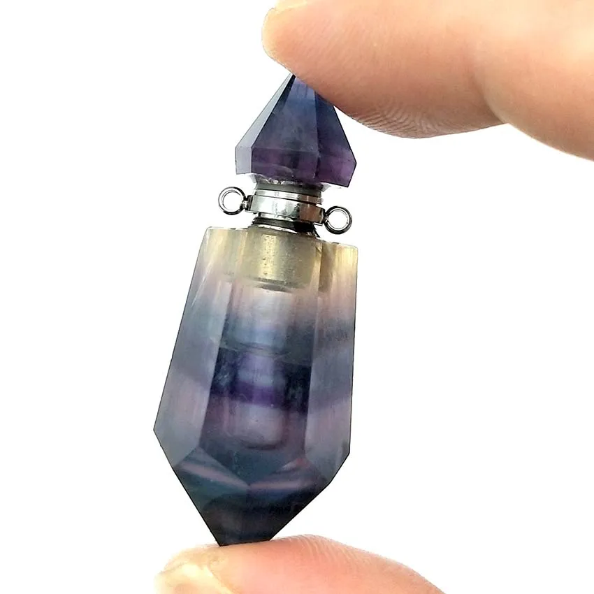 Crystal Hexagonal Stone Perfume Bottle Pendant Necklace For Women Natural Amethyst Fluorite Gemstone Pendants Diffuser Jewelry