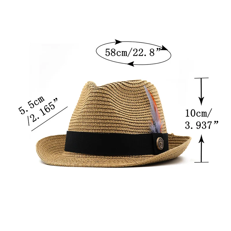 Summer Parent-child Beach Hat Female Casual Panama Jazz Hat Men Brand gentleman 5.5cm brim Feather band Straw cap boys Sun Hat