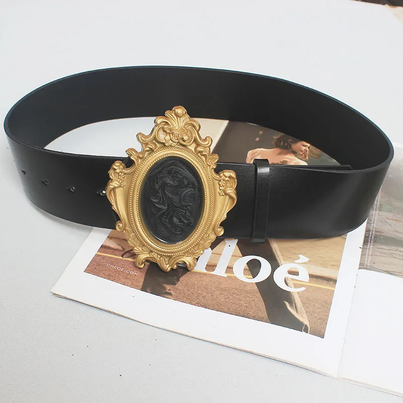 Retro Baroque court style leather belt exaggerated personality resin golden frame elastic belt Fashion women's dress coat  belt