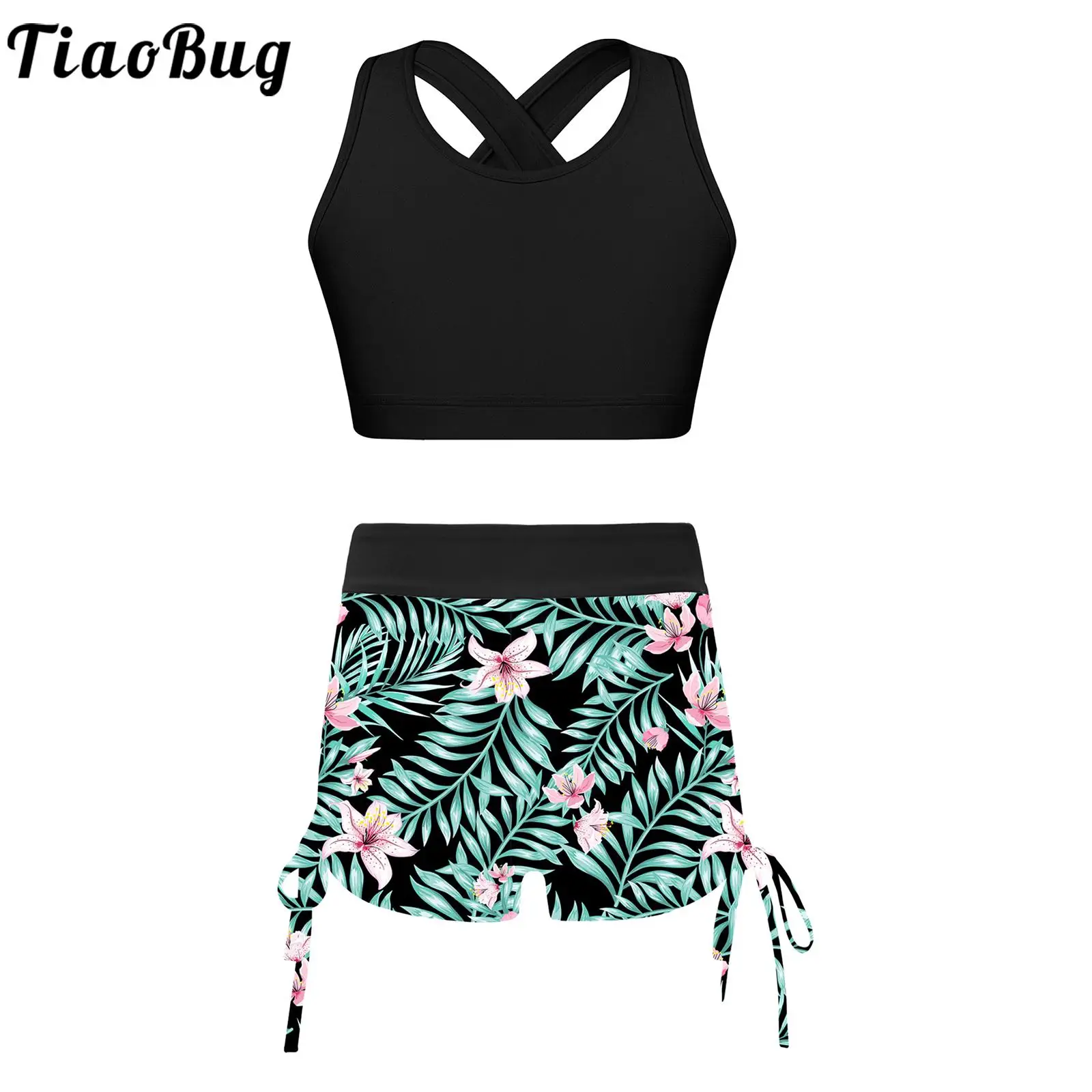 Summer 2pcs Kids Girls Sleeveless U Neck Criss Cross Back Crop Top with Fashion Printing Shorts for Sports Workout Swimming