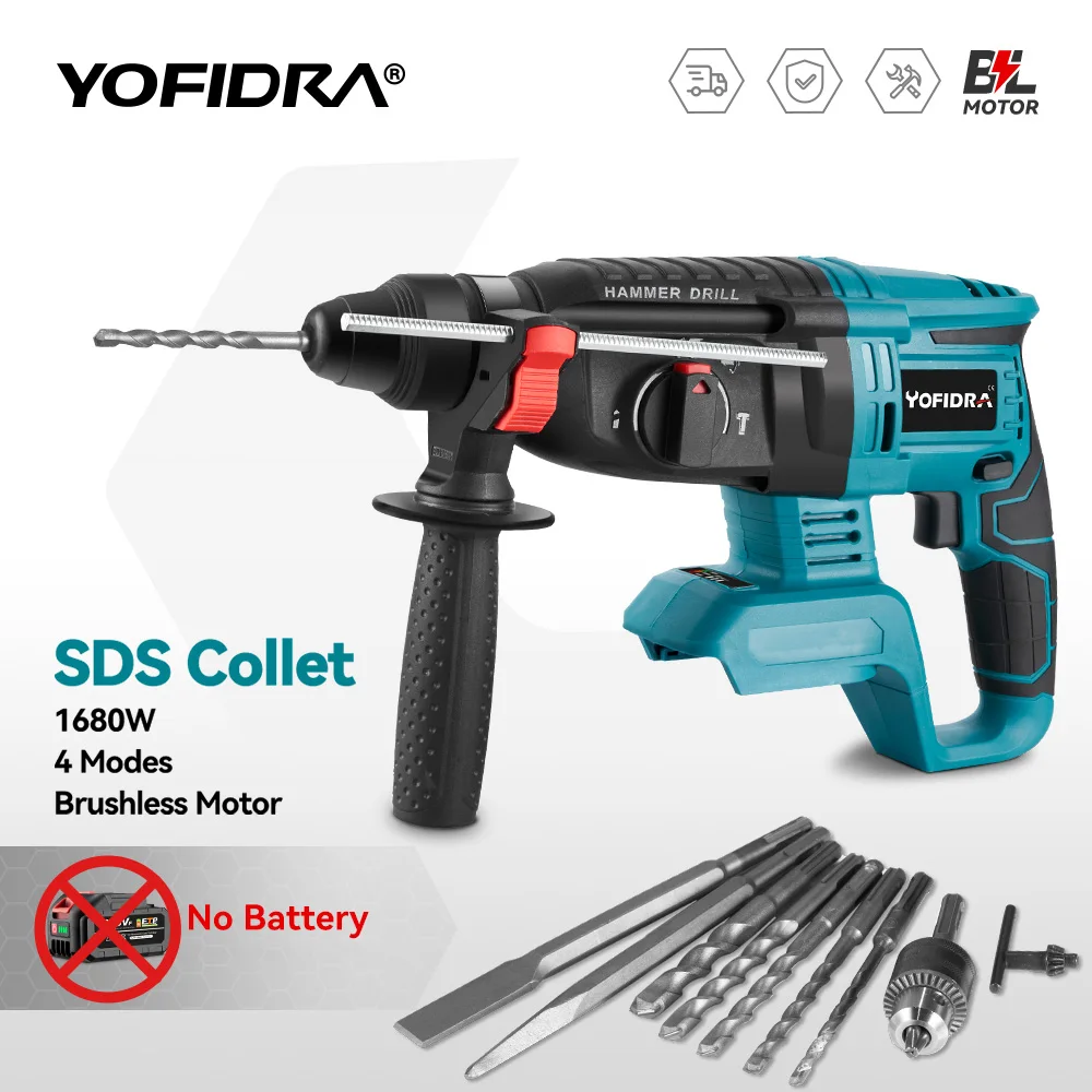 YOFIDRA 26MM Brushless Electric Hammer Drill 1680W Multifunctional Cordless Screwdriver Power Tool For Makita 18V Battery Pin